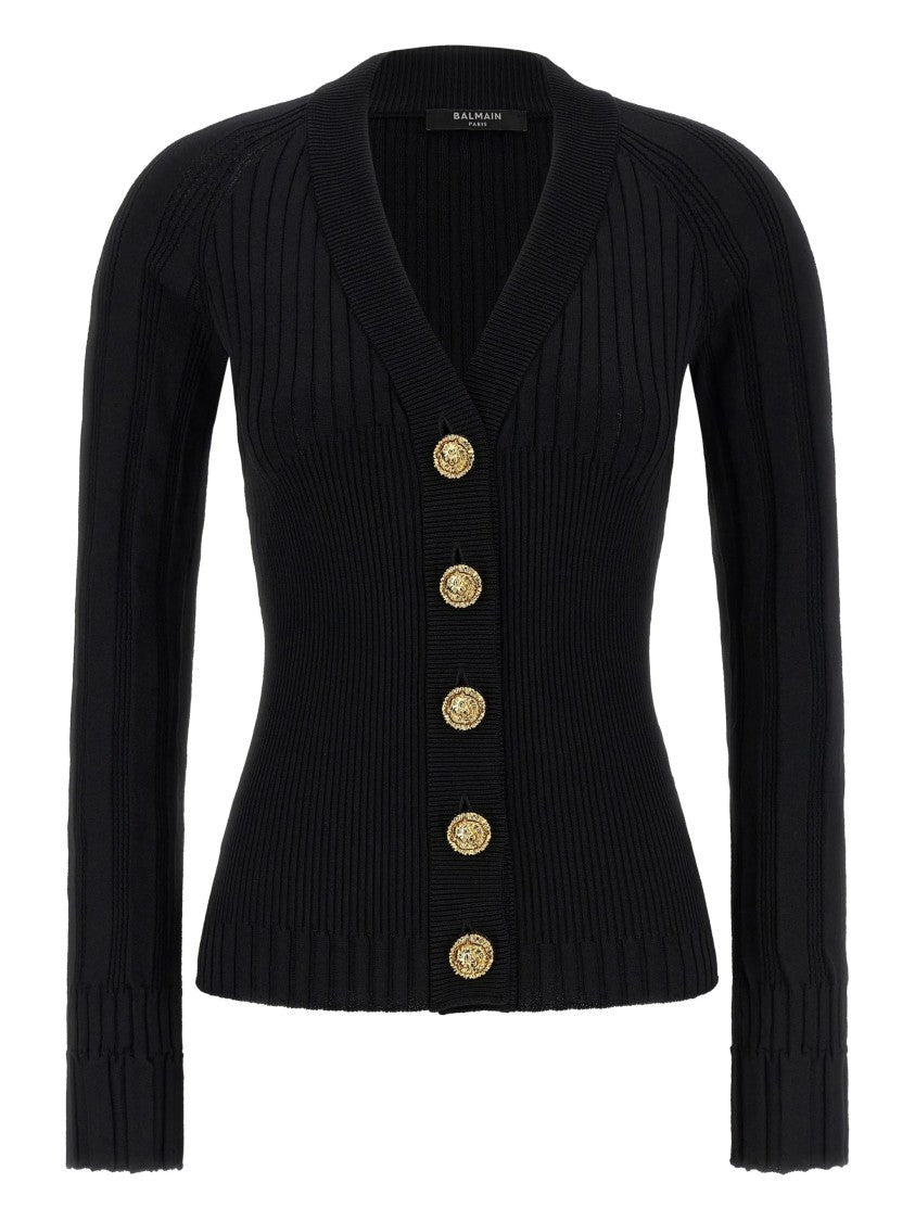 Balmain Fitted Ribbed Knit Gold Button Cardigan