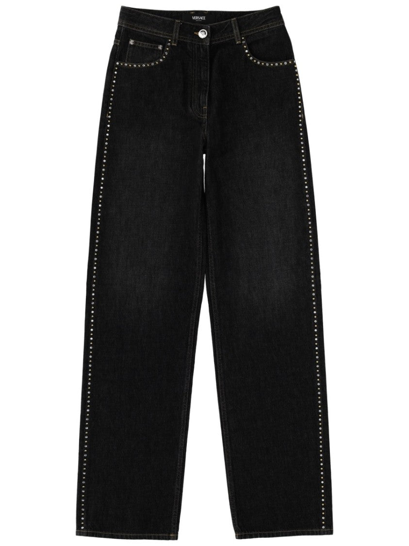 Versace Neutrals High-Waisted Stud Crystals Cotton Jeans