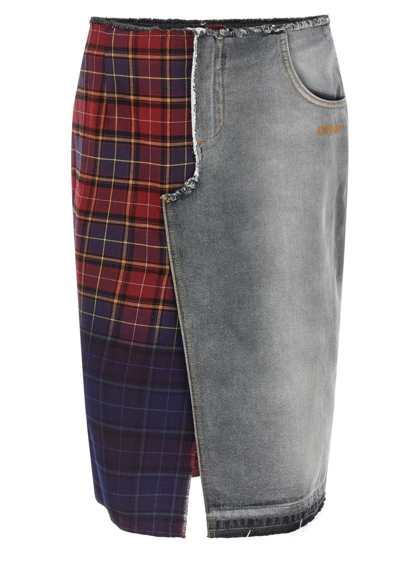 Off-White Patchwork Midi Skirt With Stonewashed Cotton Front And Checked Back Panel