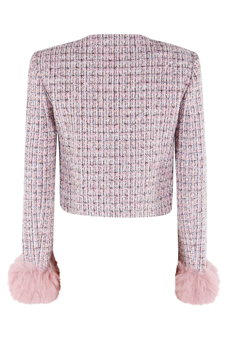 Self-Portrait Pink Boucle Fur Cuff Jacket