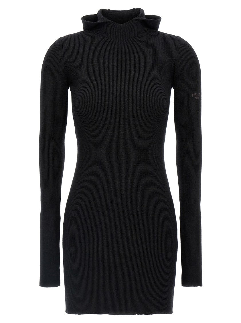 Fendi Ribbed Wool-Silk Hooded Dress With Side Slits
