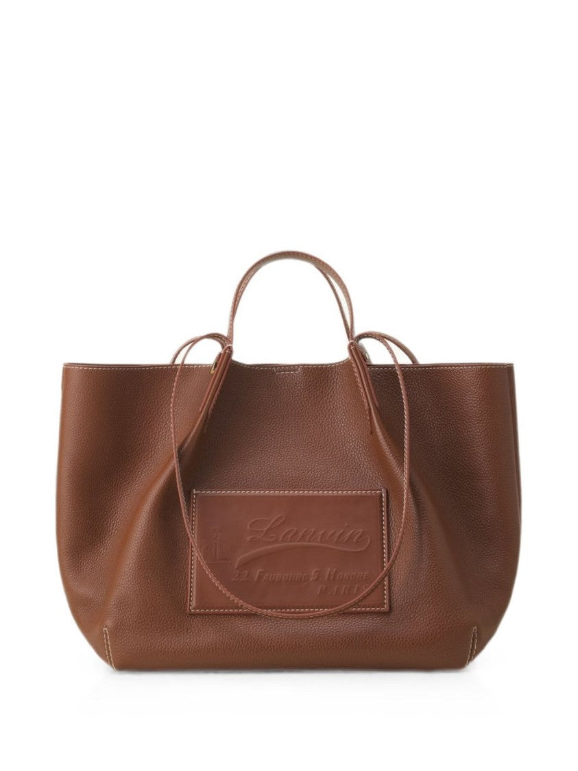 Lanvin Textured Brown Leather Tote Bag With Embossed Branding