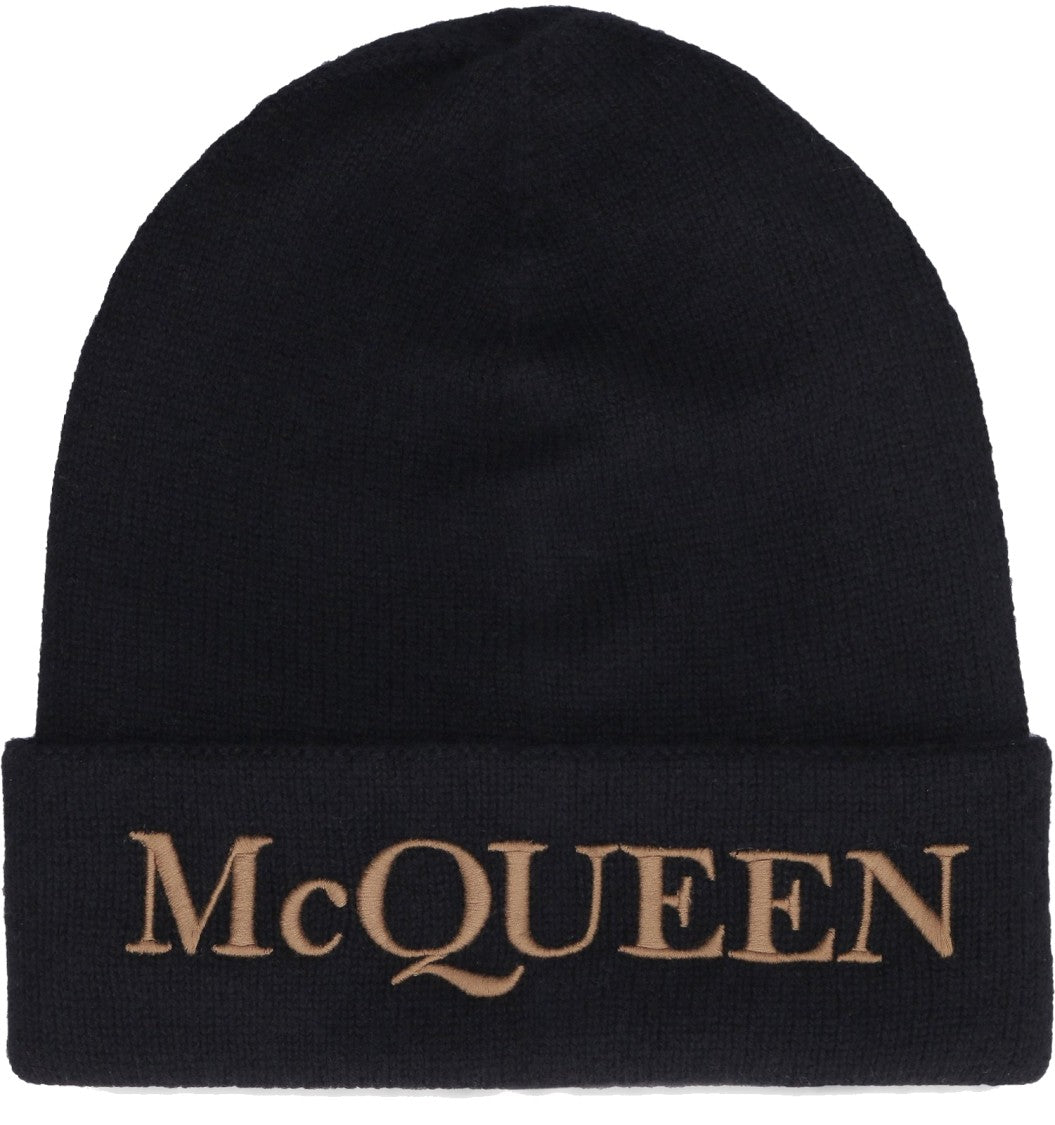 Alexander Mcqueen Cashmere Beanie With Central Beige Inscription