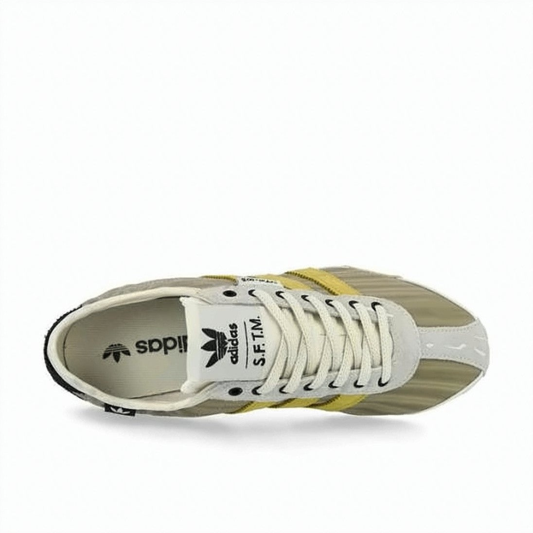 Song For The Mute Low-Profile Beige Sneakers With Yellow Stripes And Black Accents