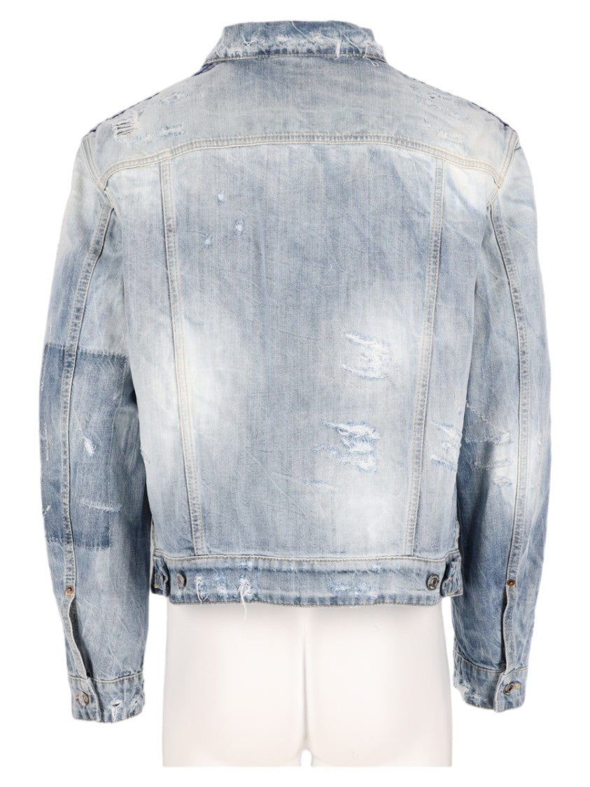 Dsquared2 Blue Distressed Rainbow Striped Denim Jacket