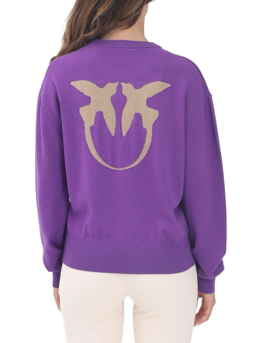 Pinko Short Crewneck Sweater In Vibrant Purple Wool-Cashmere Blend