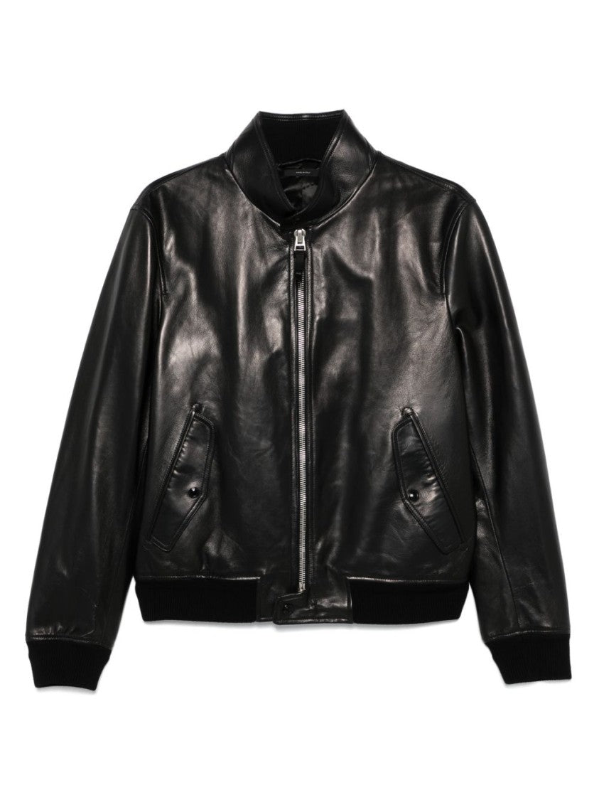 Tom Ford Lambskin Leather Bomber Jacket With Ribbed Trims