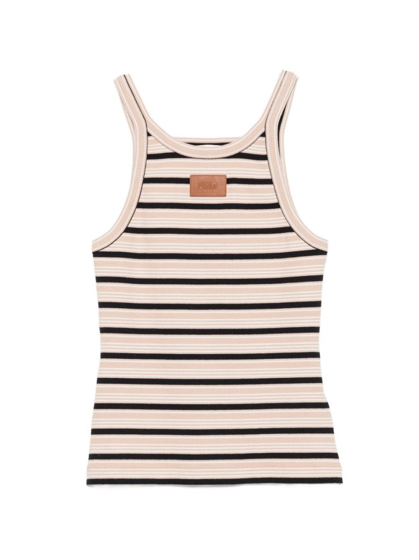 Fendi Ribbed Horizontal Stripes Leather Detail Tank Top