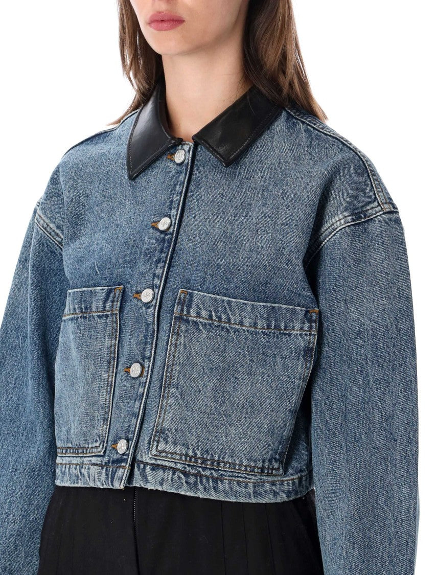 Anine Bing Yuma Boxy Cropped Leather Collar Denim Jacket