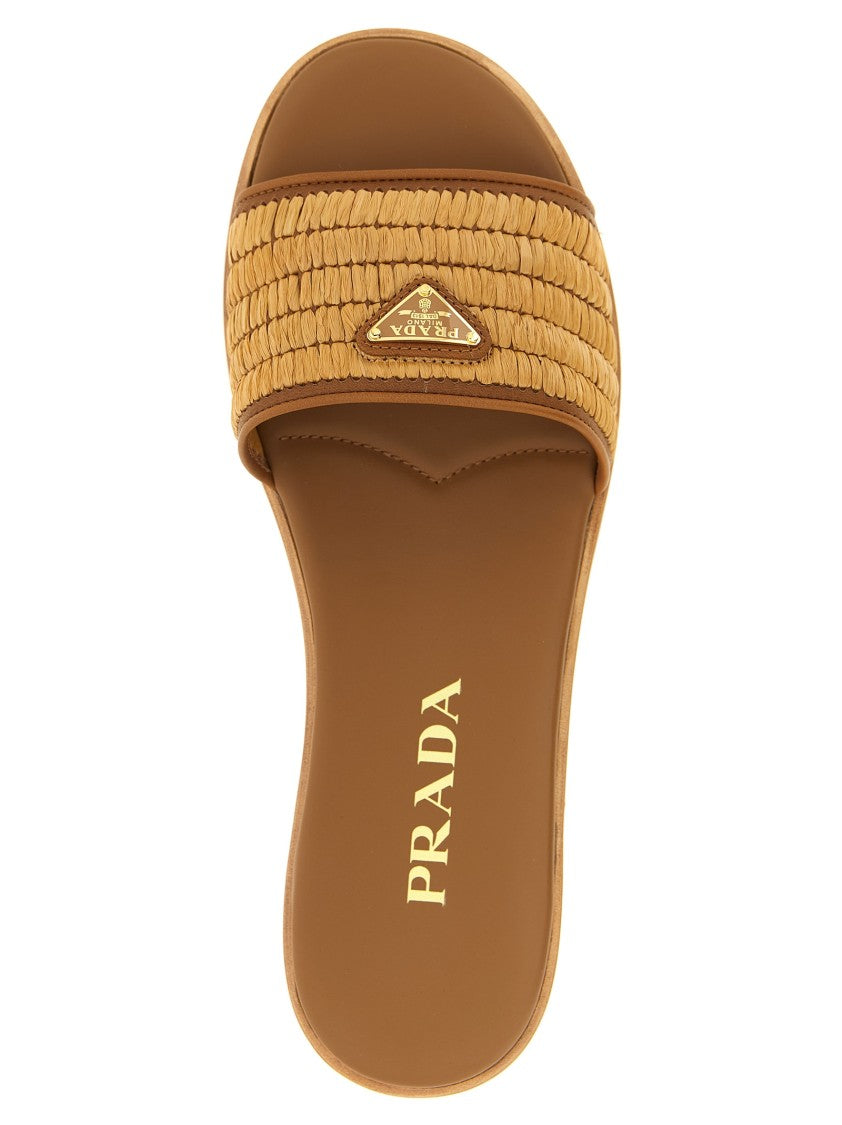 Prada Woven Viscose Raffia Slides With Crochet Detailing And Enameled Triangle Logo