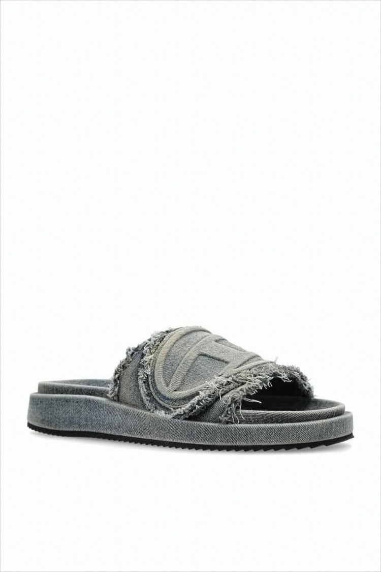 Diesel Distressed Denim Mule Slippers With Embossed Strap