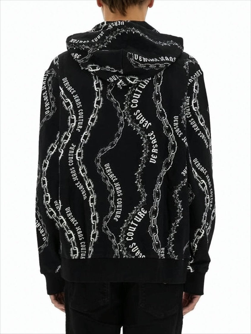 Versace Graphically Printed Black Hoodie With Drawstring And Ribbed Details