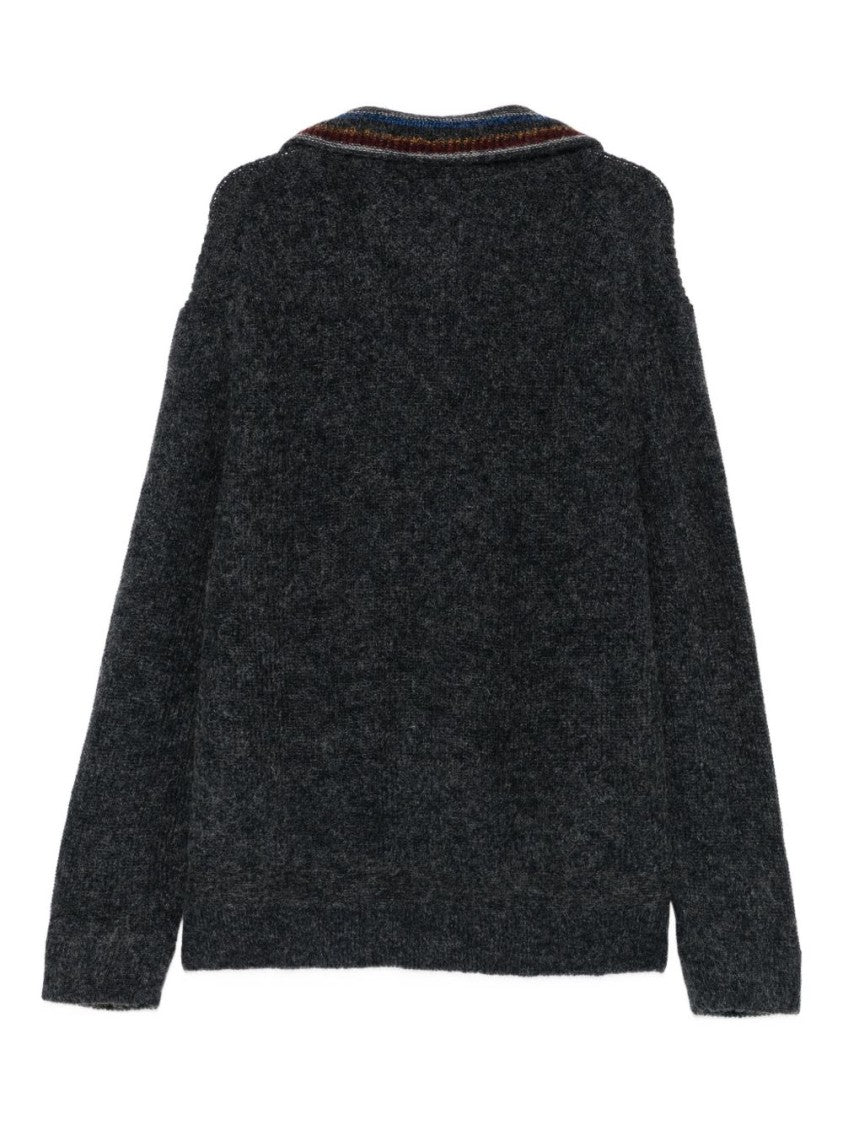 Paul Smith Half-Zip Charcoal Knit Sweatshirt With Striped Collar