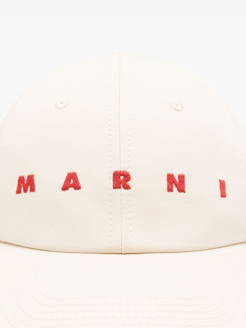 Marni White Cotton Gabardine Cap With Embroidered Logo