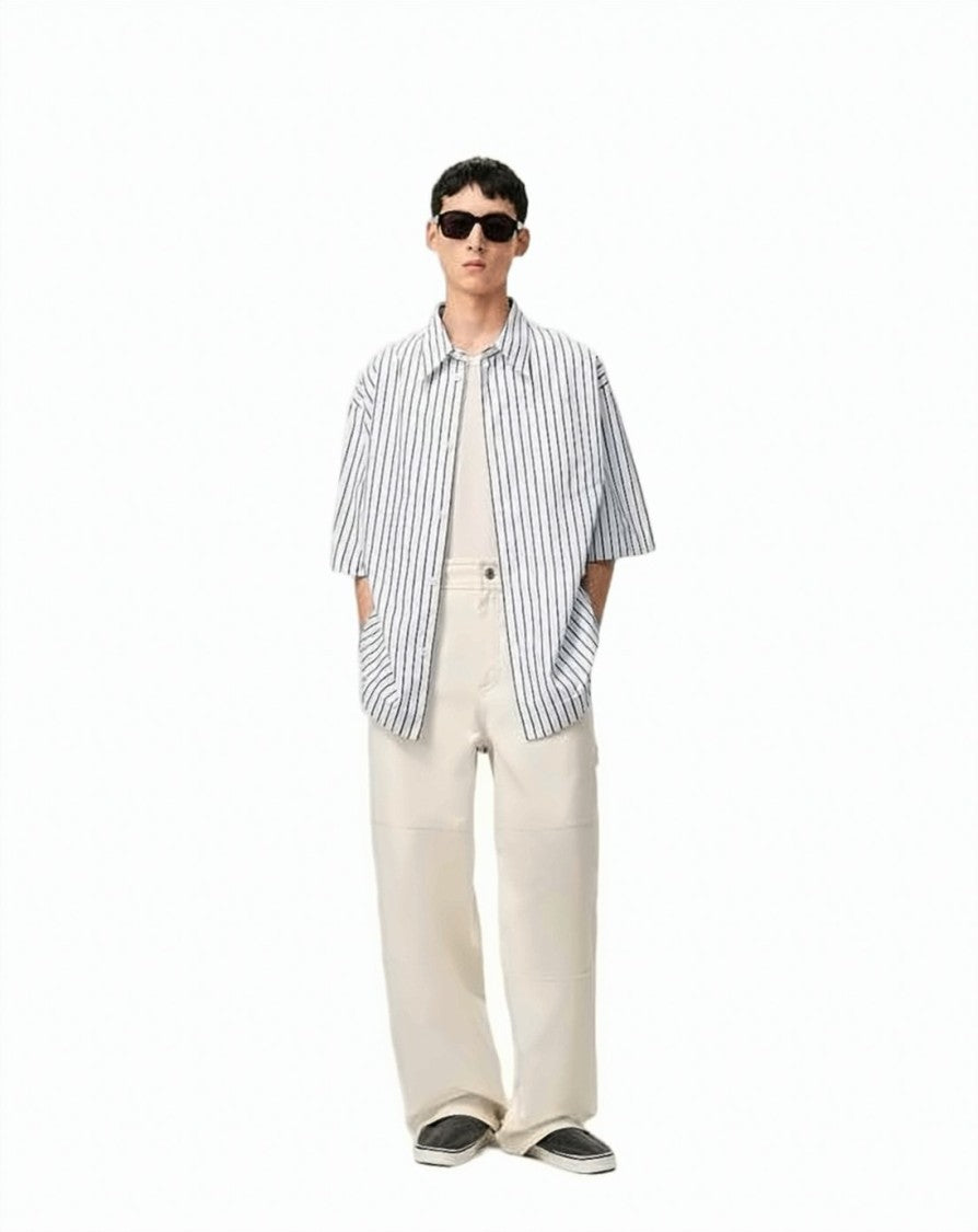 Ami Paris Short-Sleeved Striped Cotton Wide Shirt With Classic Collar