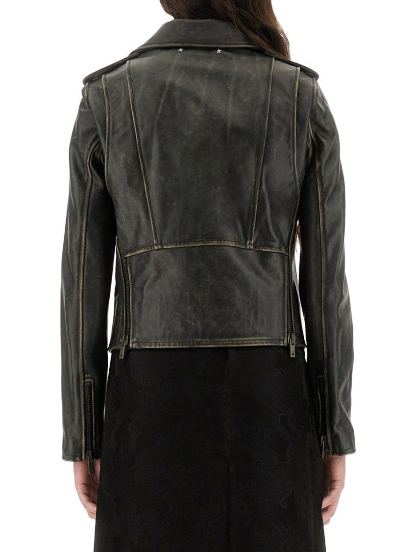 Golden Goose Cropped Black Leather Biker Jacket