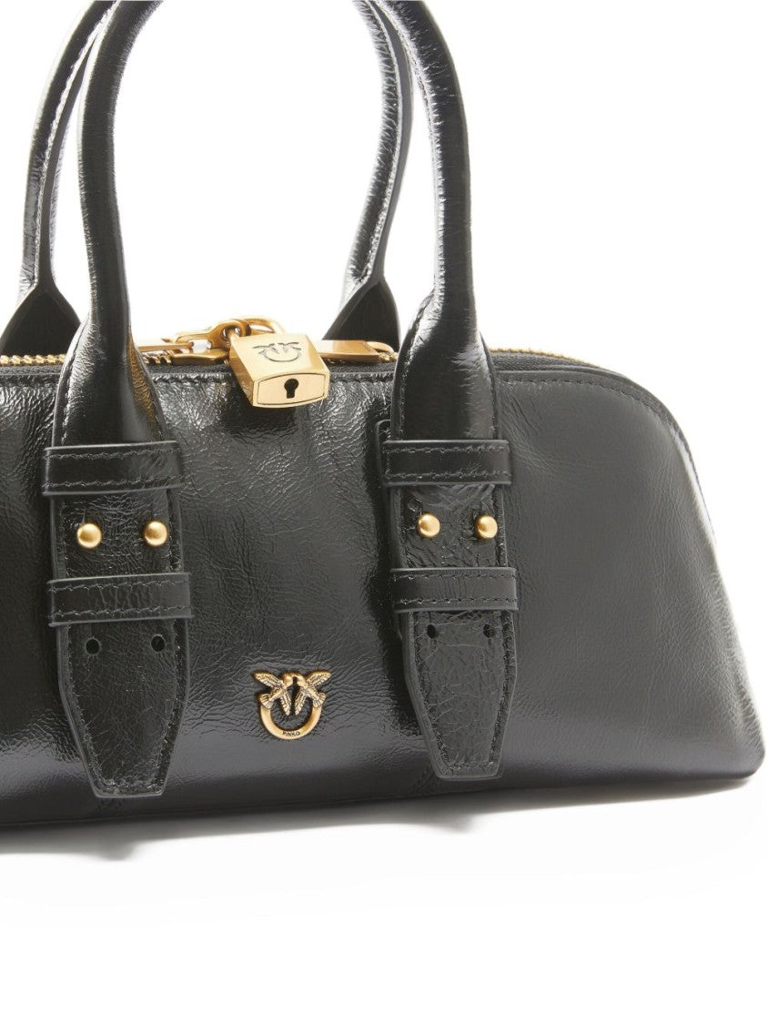 Pinko Elongated Black Calfskin Handbag With Gold Hardware
