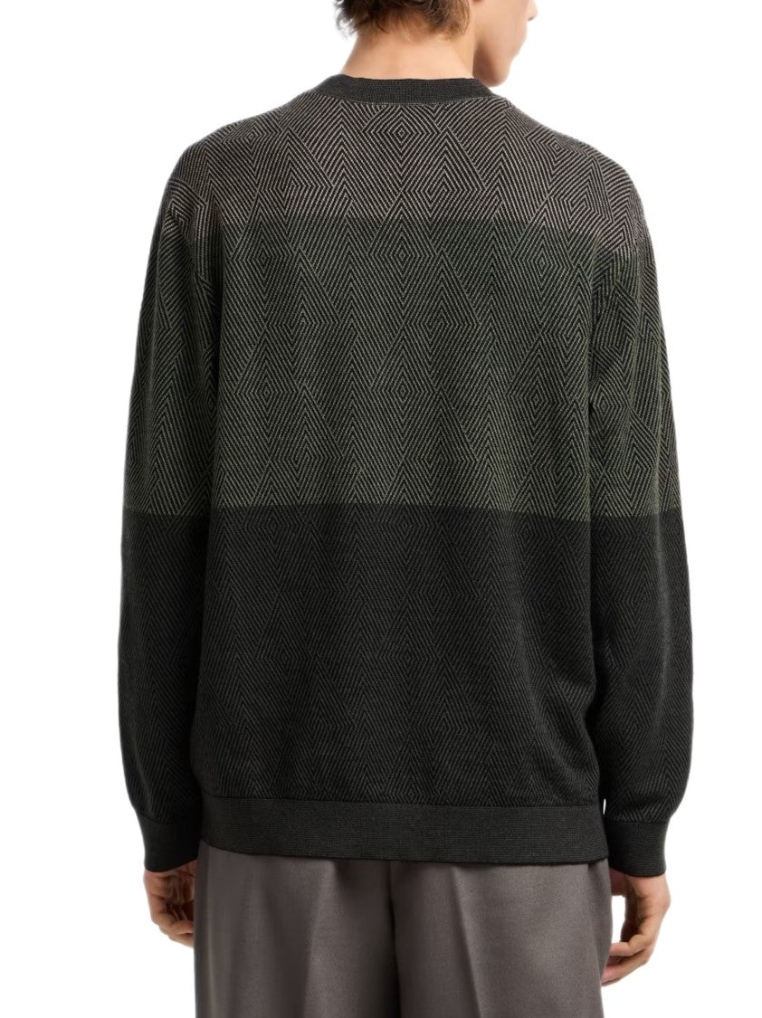 Emporio Armani Dense Jacquard Crew Neck Sweater With Color-Block Design