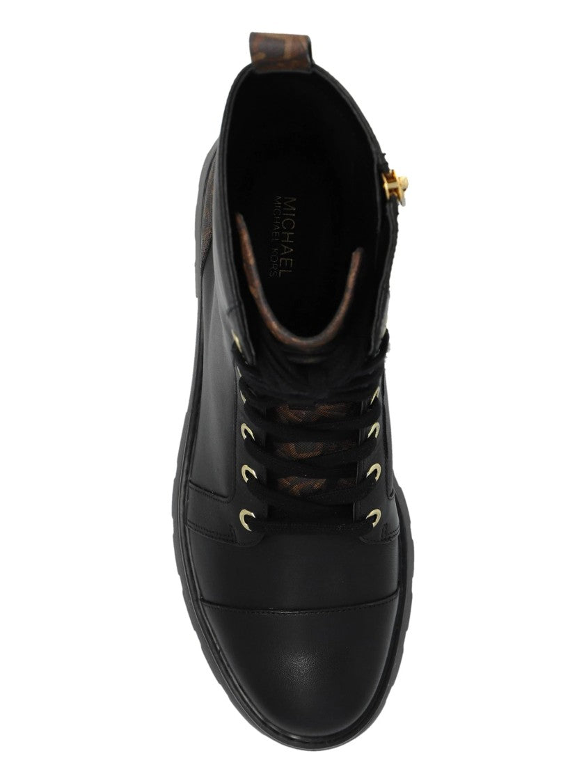 Michael Kors Lace-Up Black Leather Ankle Boots With Gold Accents