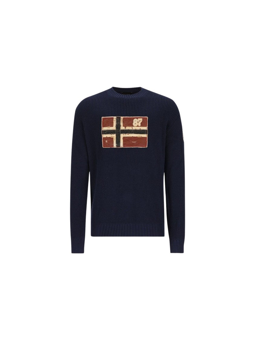 Napapijri Crew-Neck Sweater In Dark Navy Knit With Patch Graphic