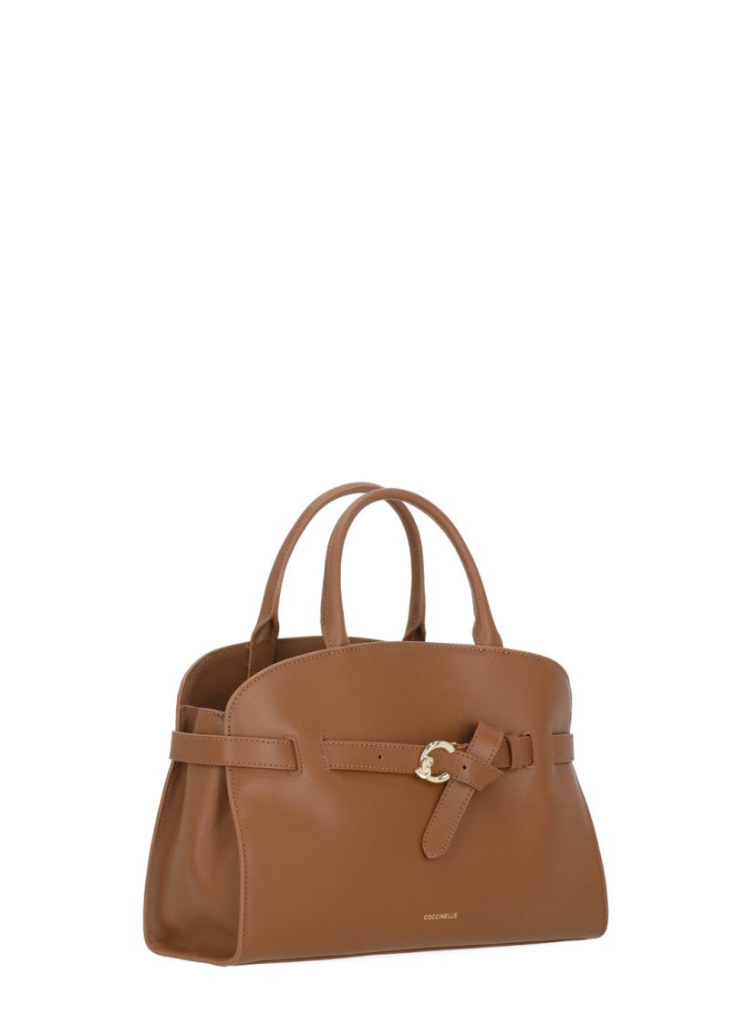 Coccinelle Structured Shoulder Bag In Smooth Brown Leather With Golden Accents