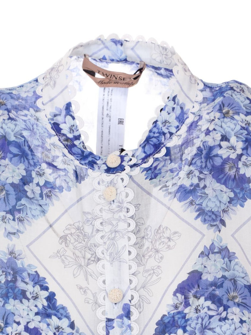 Twin-Set Blue Floral Pattern Ramie Shirt With Scalloped Finish