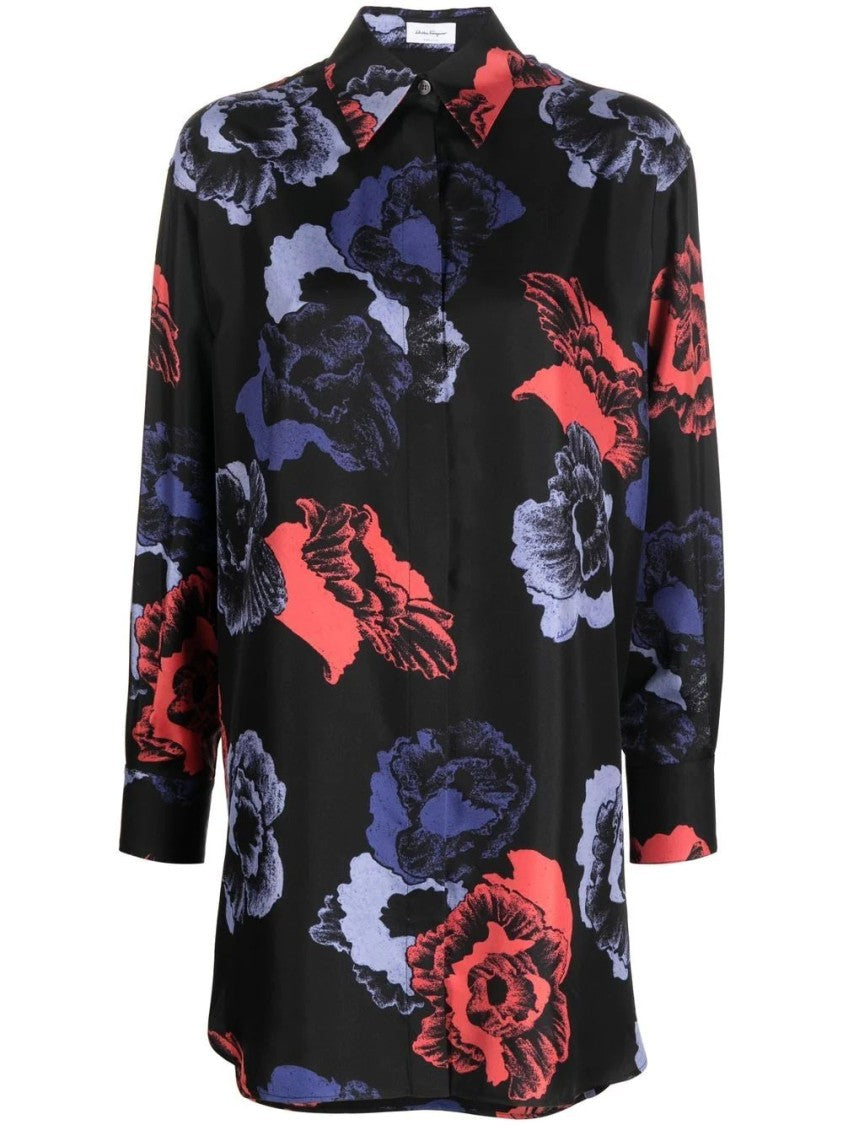 Salvatore Ferragamo Floral Silk Long Sleeve Shirt With Classic Collar