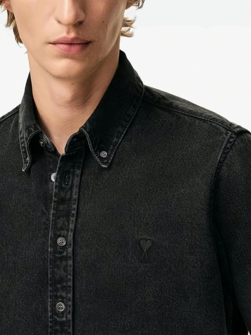 Ami Paris Classic Button-Up Shirt With Vertical Navy Stripes