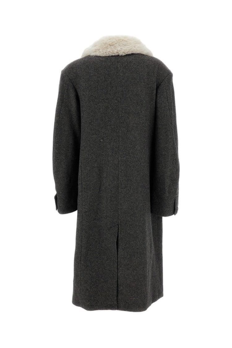 Simone Rocha Grey Cut-Out Faux-Fur Collar Double-Breasted Wool Coat