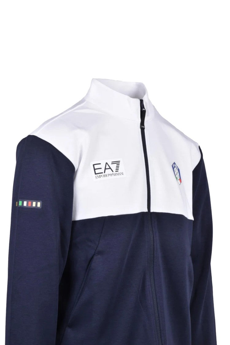 Ea7 Emporio Armani White/Blue Polyester Cotton Men's Zip Hoodie