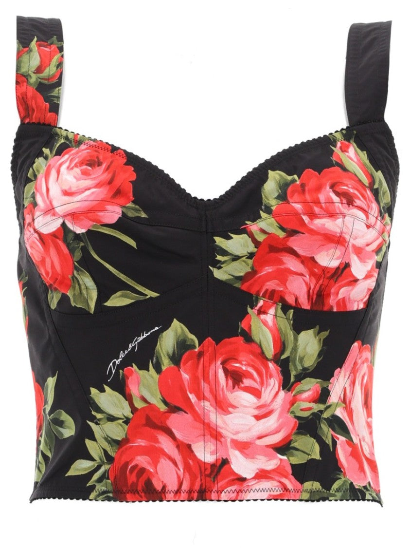 Dolce & Gabbana Black Floral Print Sweatheart Bustier Top