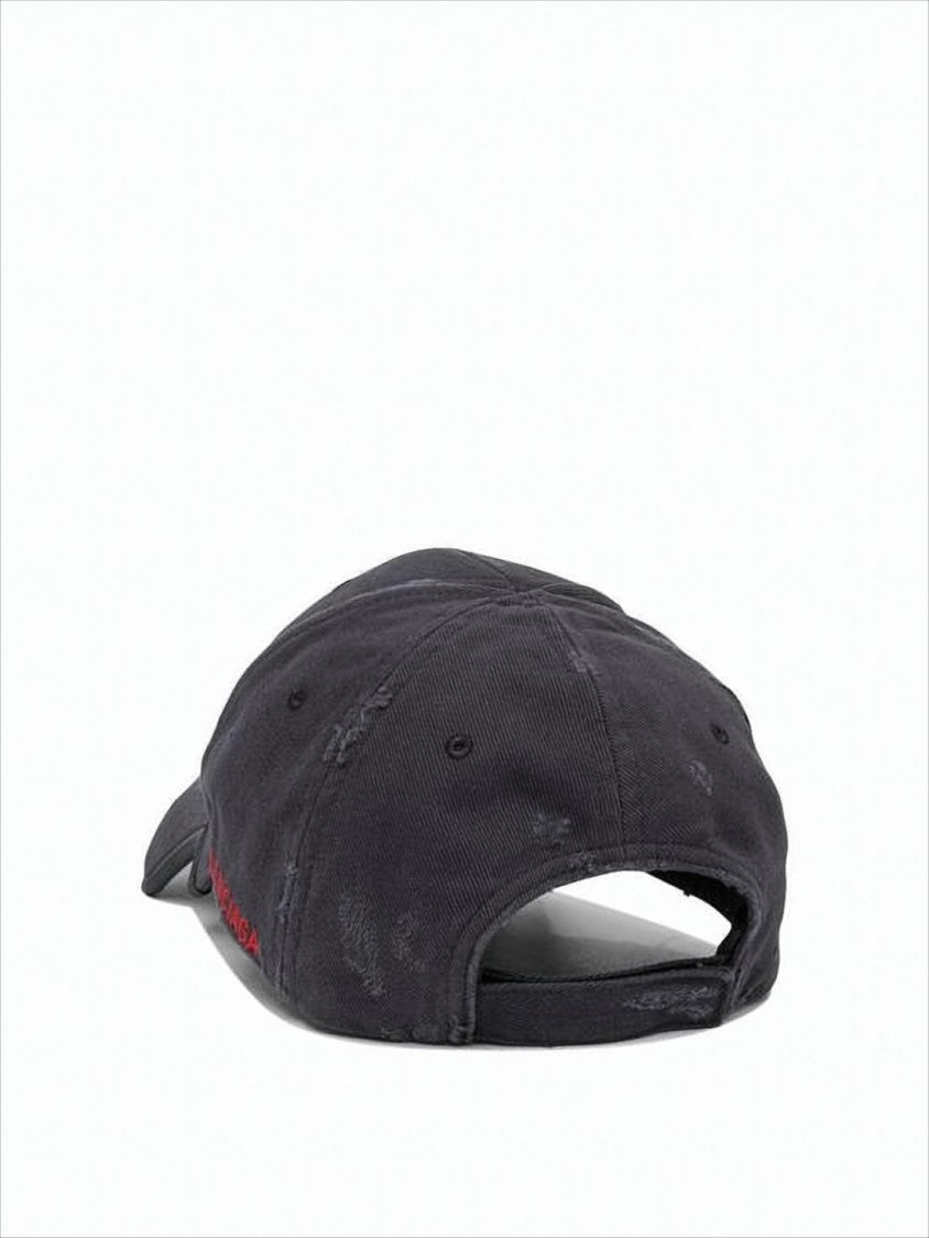 Balenciaga Distressed Black Cotton Baseball Cap With Embroidered Emblem