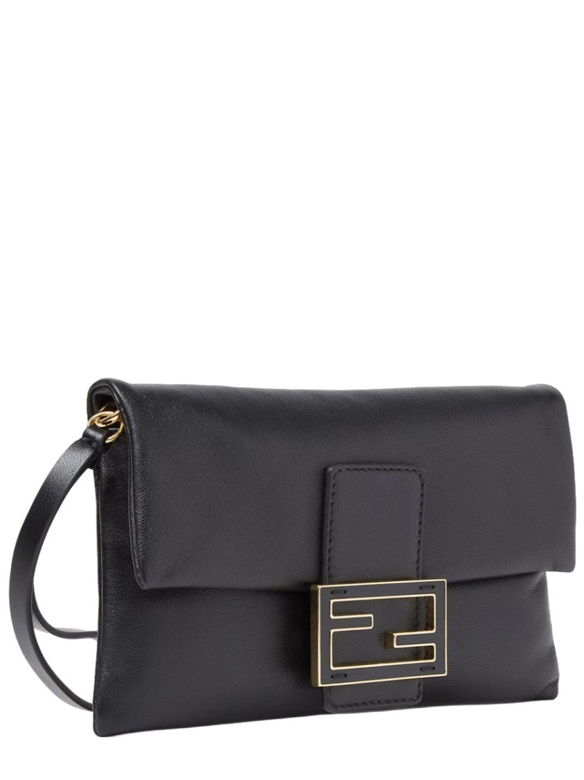 Fendi Rectangular Black Leather Pouch With Gold Clasp And Chain Strap