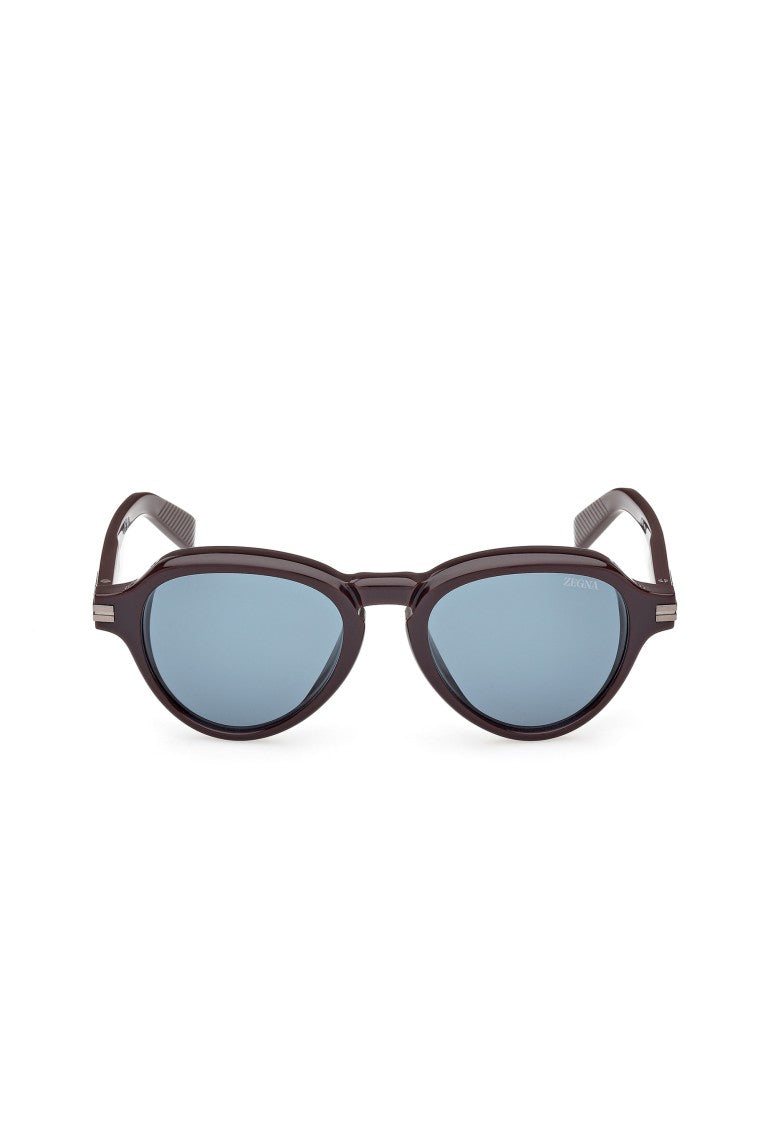 Zegna Bold Dark Brown Acetate Sunglasses With Distinctive Bevels