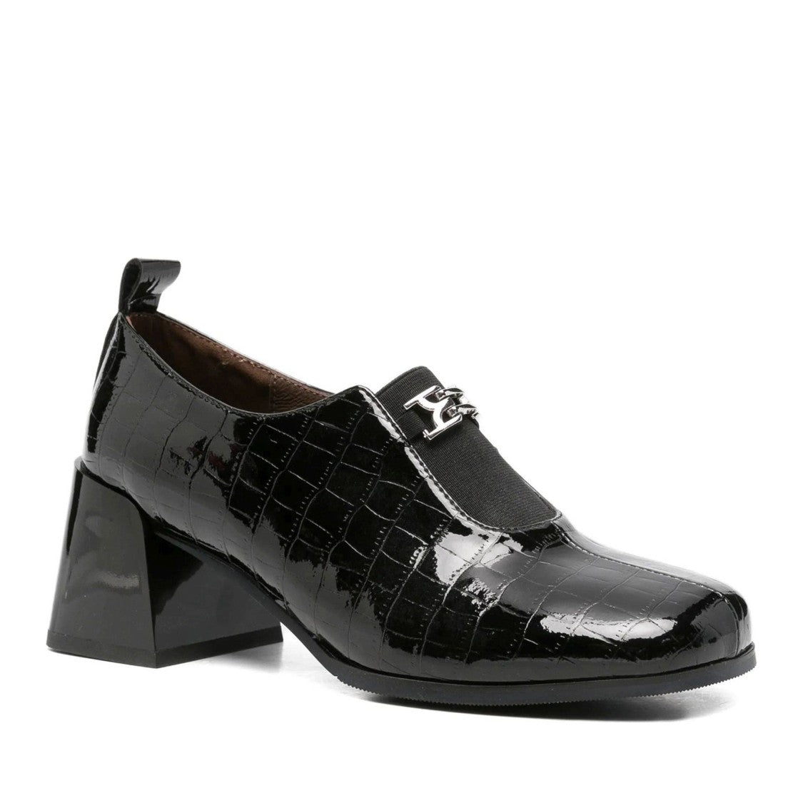 Linda Baumann Black Crocodile Texture Metallic Detail Patent Leather Dress Pumps