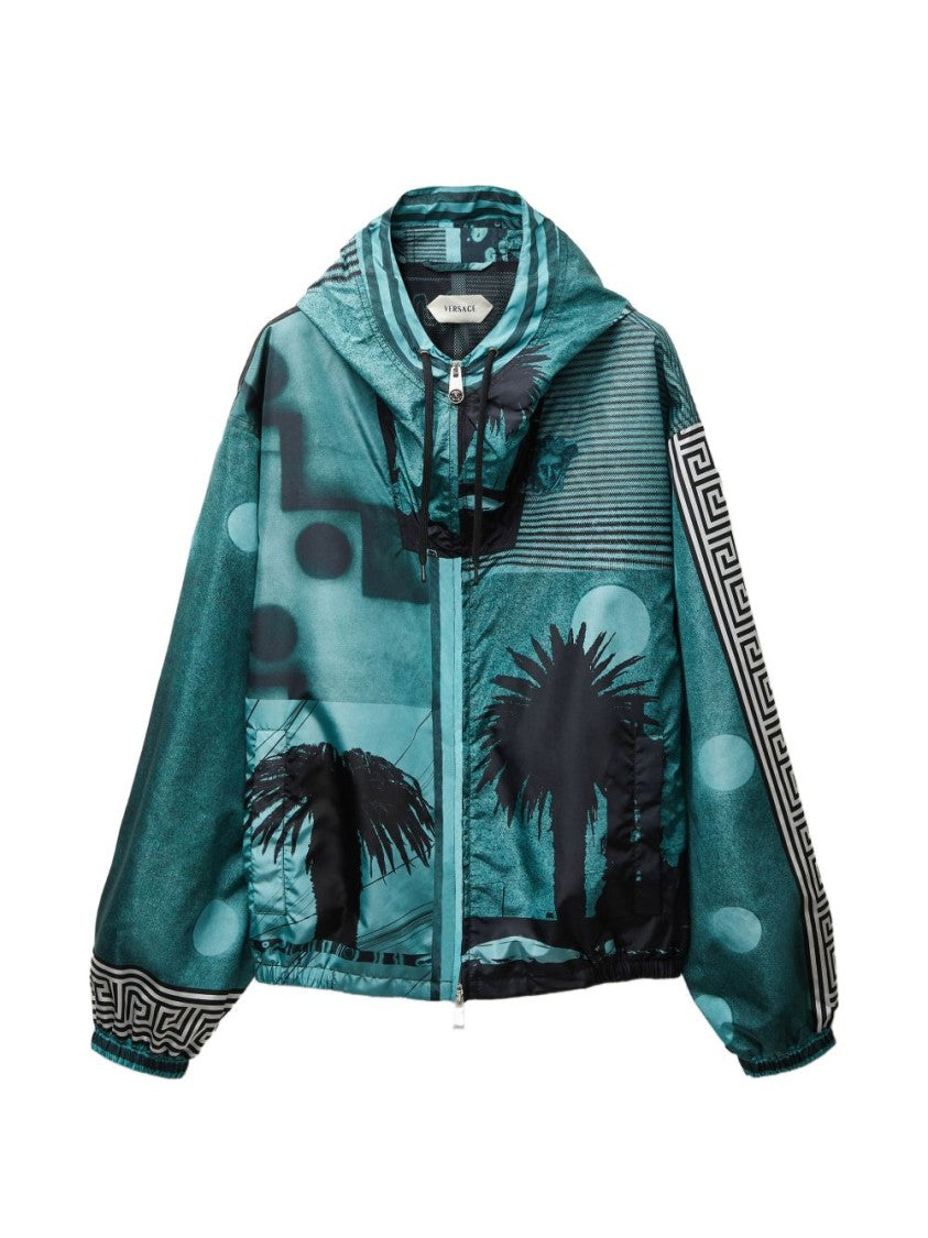 Versace Teal Abstract Palm Tree Print Zip Jacket