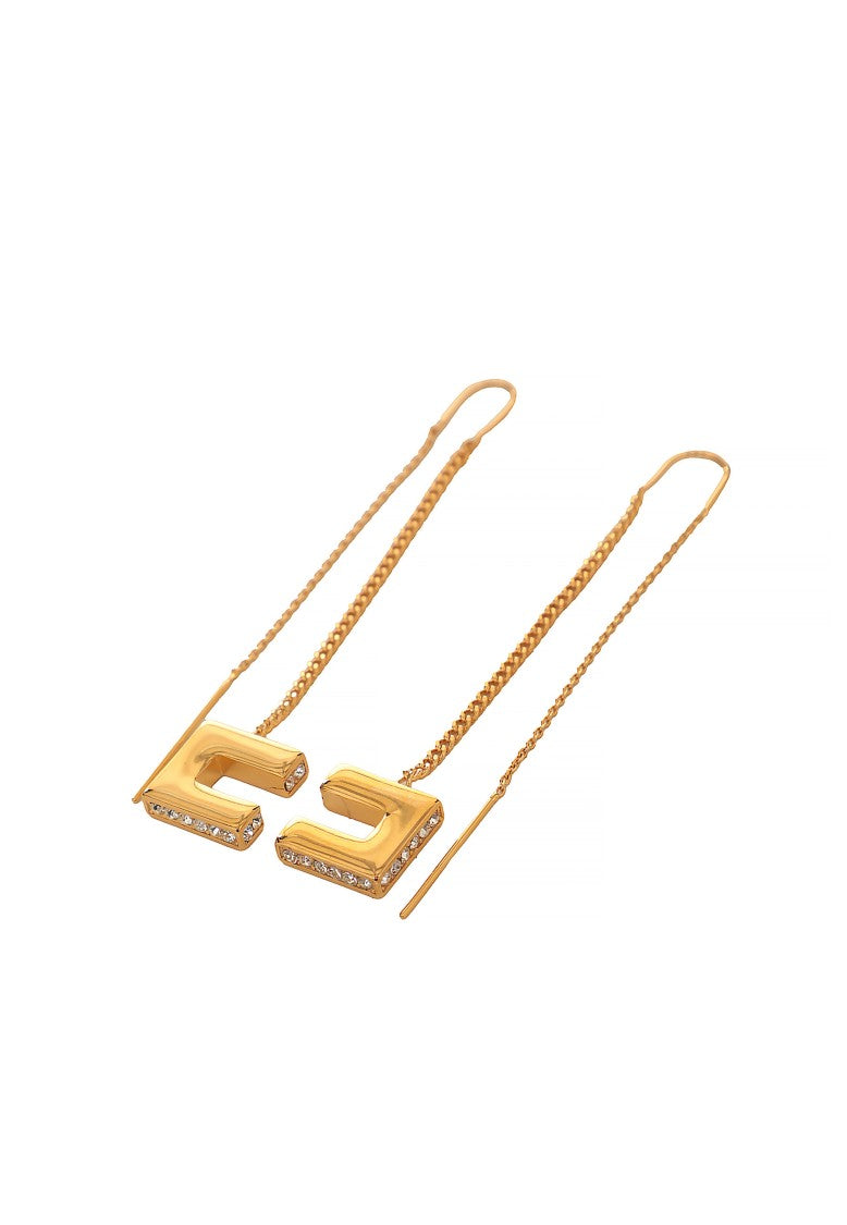Elisabetta Franchi Gold Threader Earrings With Geometric Pendant And Glittering Detail