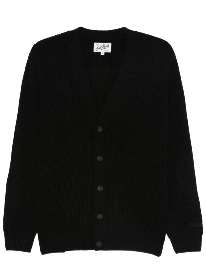 Mc2 Saint Barth Black Ribbed Knit Wool Cardigan