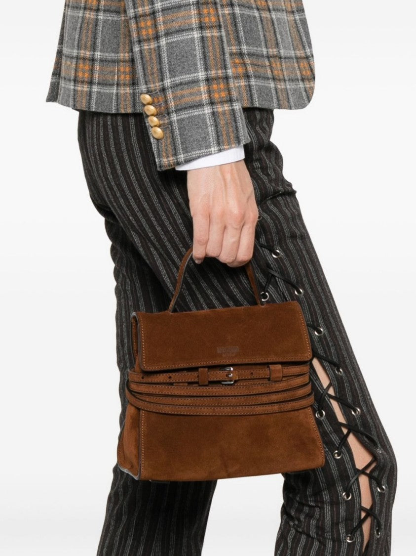 Moschino Structured Brown Suede Top Handle Shoulder Bag With Buckle Detail