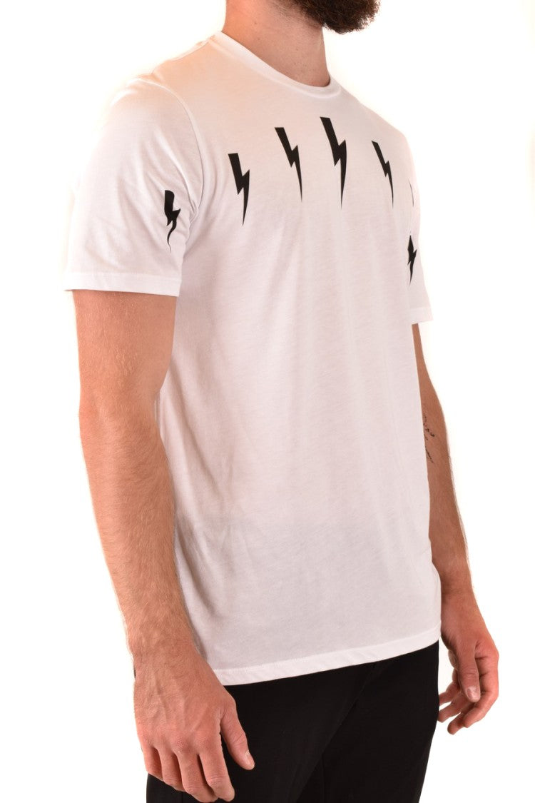 Neil Barrett White T-Shirt With Black Lightning Bolt Motifs