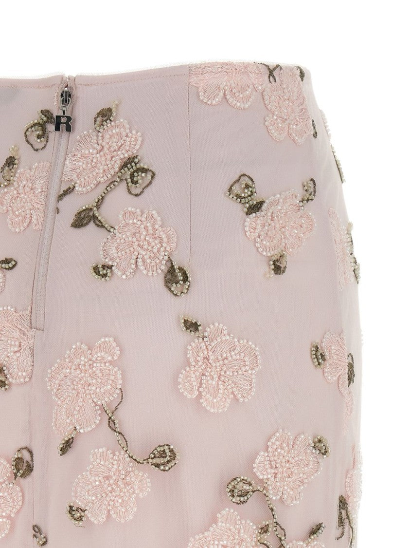 Rotate Floral-Embroidered Midi Skirt With Sheer Finish