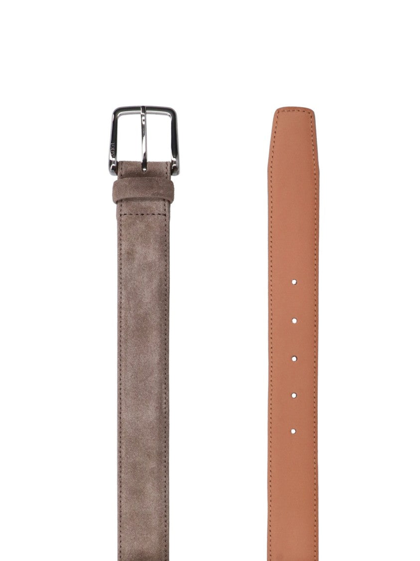 Tod's Calf Suede Grey Belt With Polished Silver Buckle