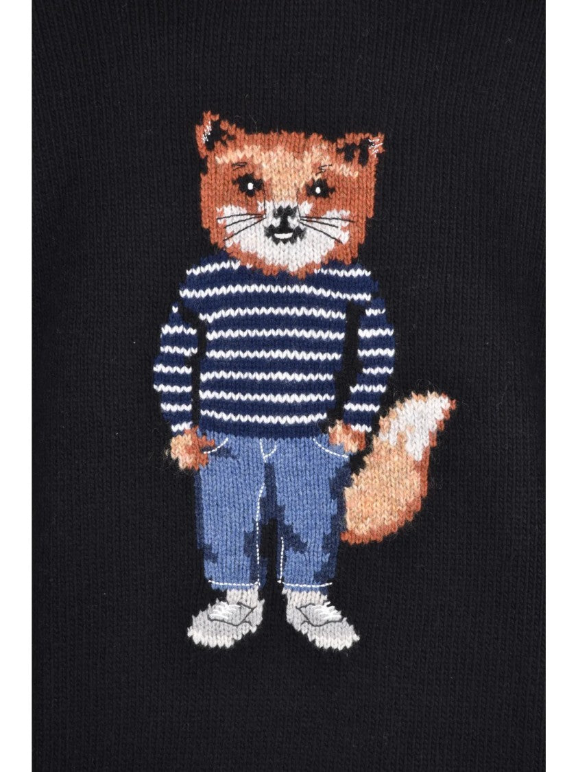 Maison Kitsuné Black Fox Motif Wool-Blend Crewneck Sweater