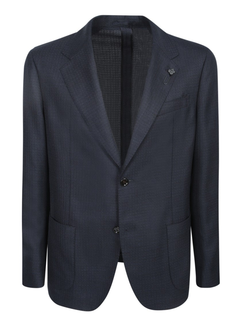 Lardini Oxford Blue Blazer With Classic Lapels And Decorative Floral Pin