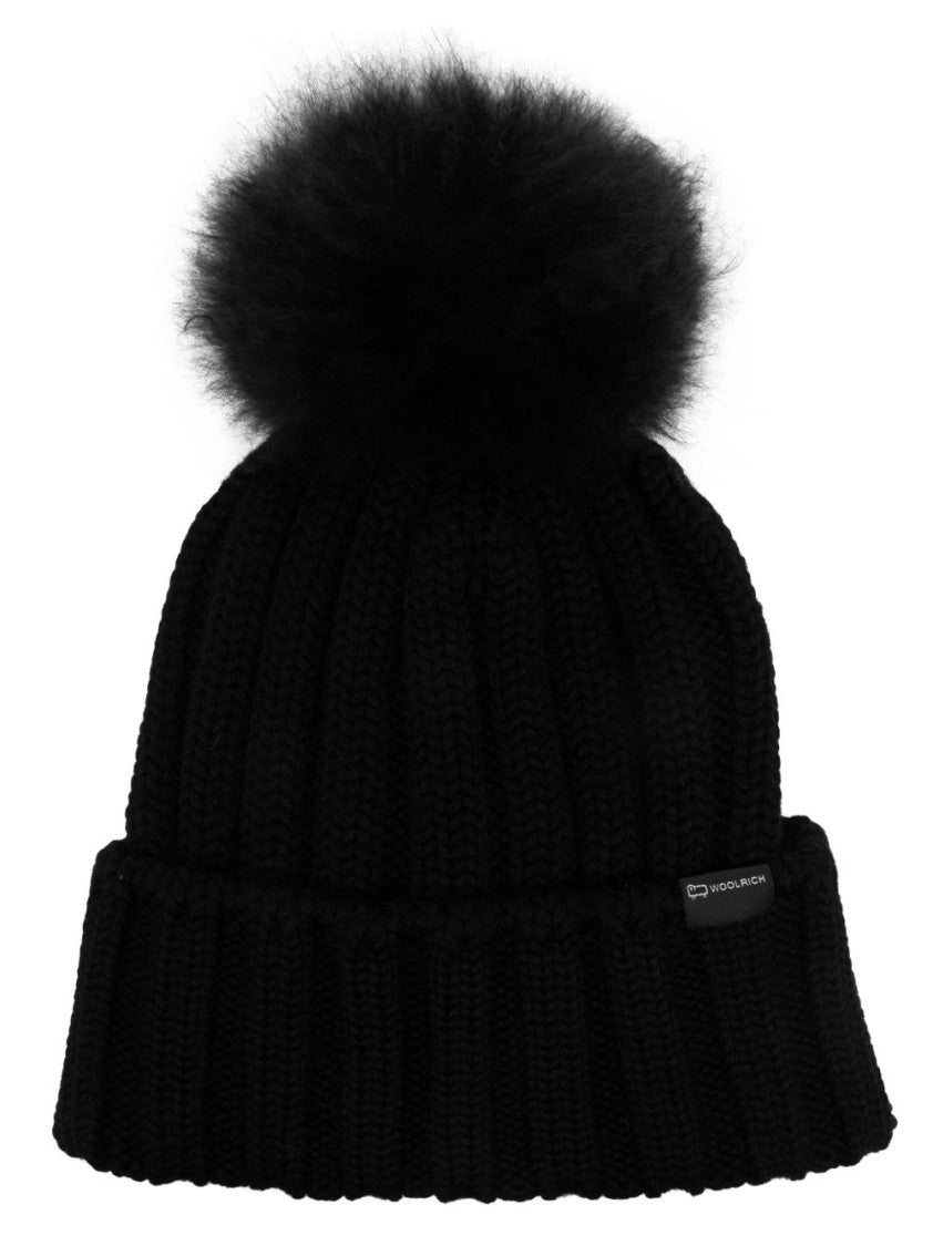 Woolrich Ribbed Wool Hat With Fluffy Pom-Pom
