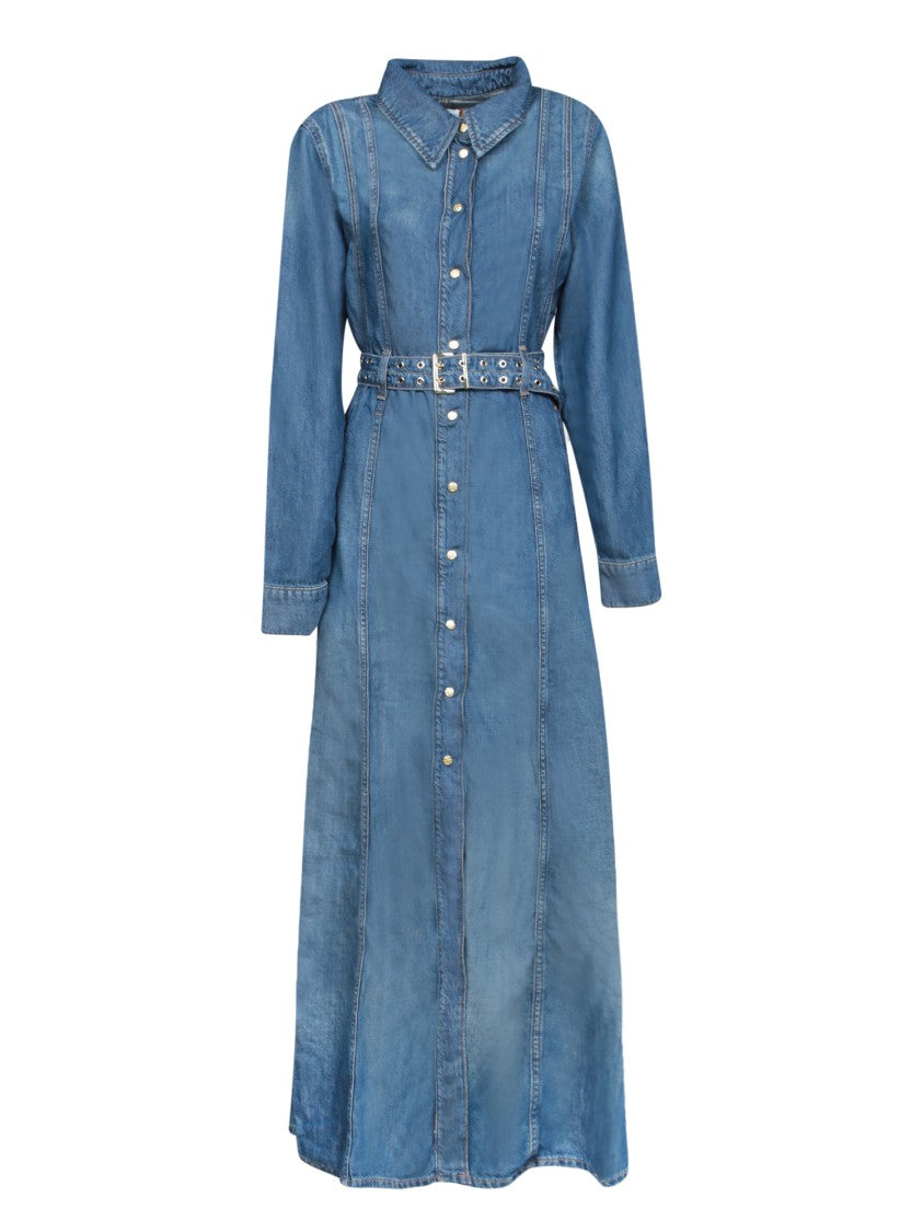 Ganni Tapered Denim Maxi Dress With Decorative Belt