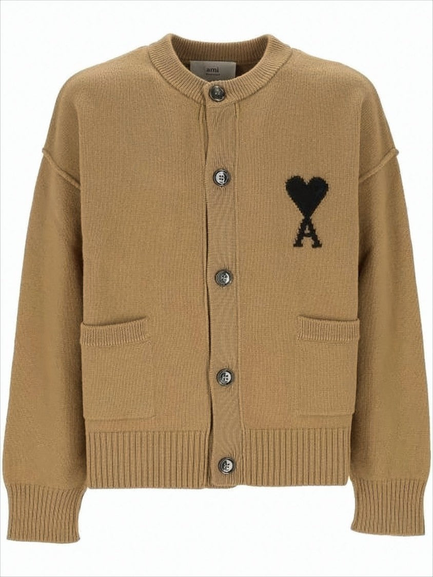 Ami Paris Wool Cardigan With Embroidered Heart Detail