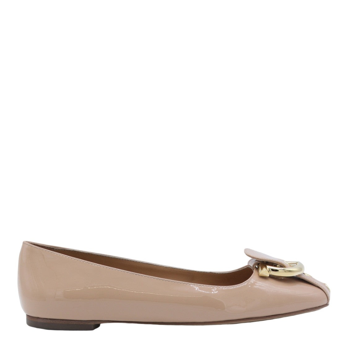 Ferragamo Patent Nude Flats With Gold-Tone Buckle