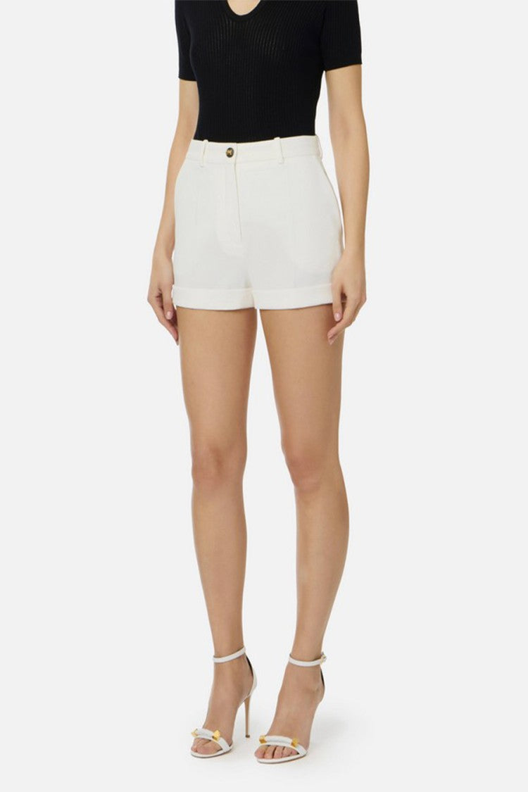 Elisabetta Franchi Ivory High-Waist Turn-Up Cuff Polyester-Blend Shorts