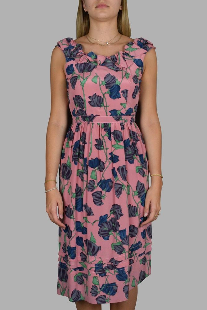Prada Ruffled Floral Silk Dress With Fitted Waist